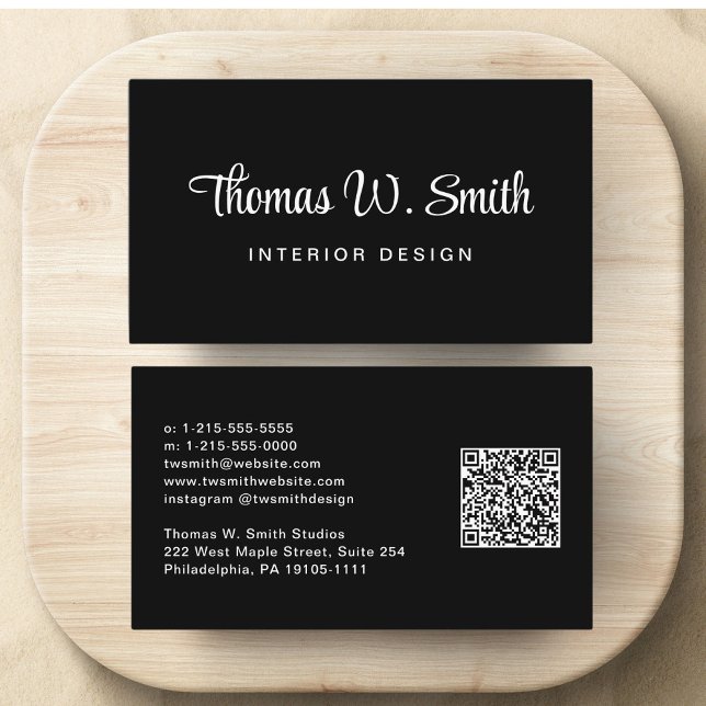 Modern Script QR Code Black Business Card (Capture attention and make connections with our modern signature script QR code black business card)