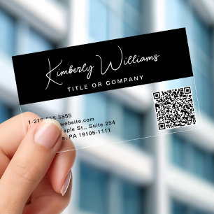 Modern Script QR Code Black Professional Clear Business Cards