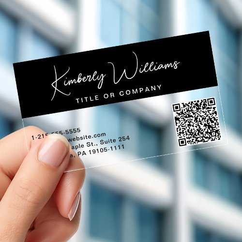 Modern Script QR Code Black Professional Clear Business Cards