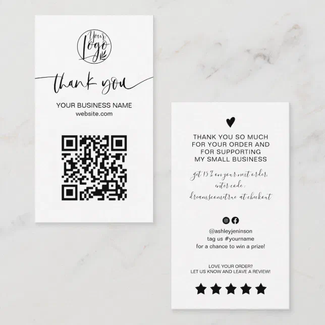 Modern script QR code black white order thank you Business Card | Zazzle