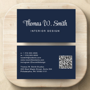 Modern Script QR Code Blue Business Card