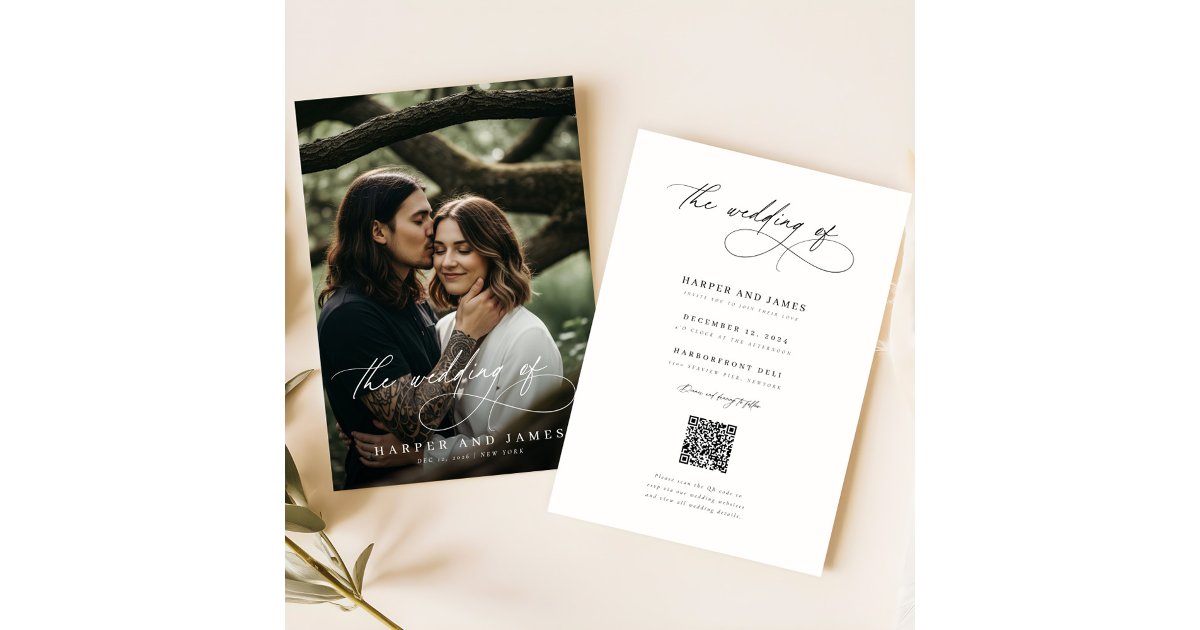 Answer Booklet Script Qr Code Photo Modern Script QR Code Boho Minimalist Wedding Invitation | Zazzle