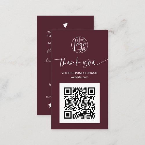 Modern script QR code burgundy order thank you Business Card