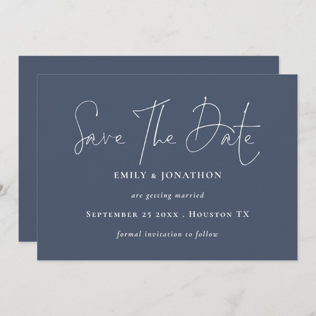 Modern Script QR Code Dusty Navy Blue Save The Date (Front/Back)