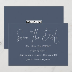 Modern Script QR Code Dusty Navy Blue Save The Date