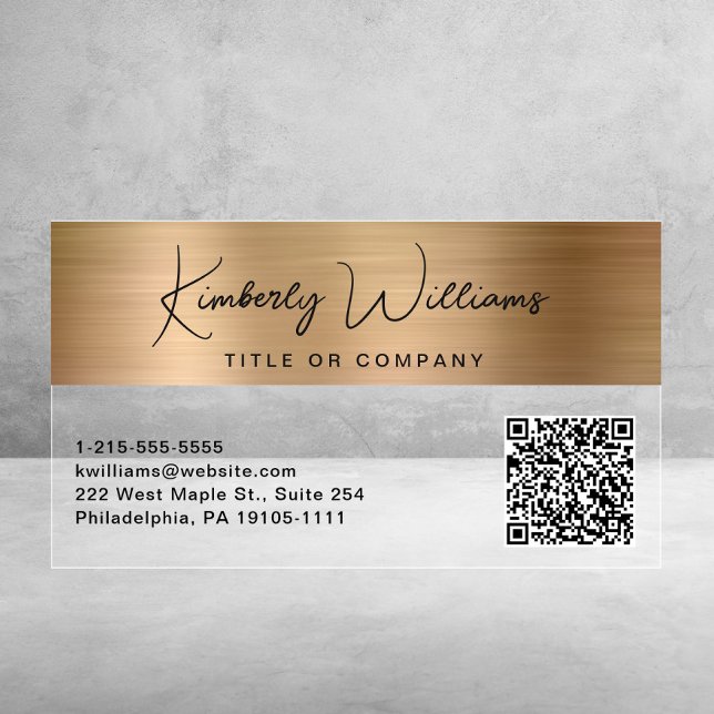 Modern Script QR Code Gold Professional Clear Business Cards (Modern Script QR Code Gold Professional Clear Business Cards)