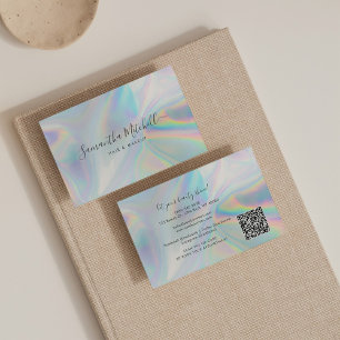 Modern Script QR Code Holographic Beautician Salon Business Card