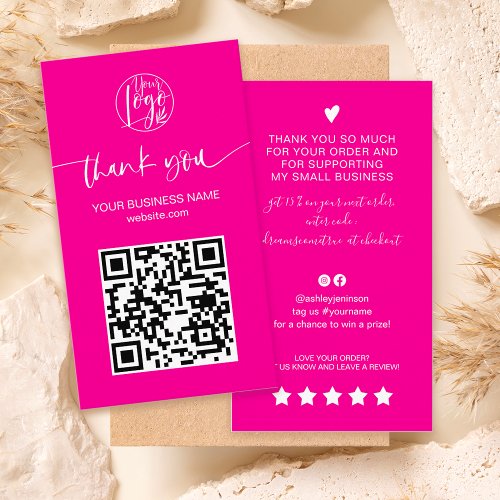 Modern script QR code hot pink order thank you Business Card