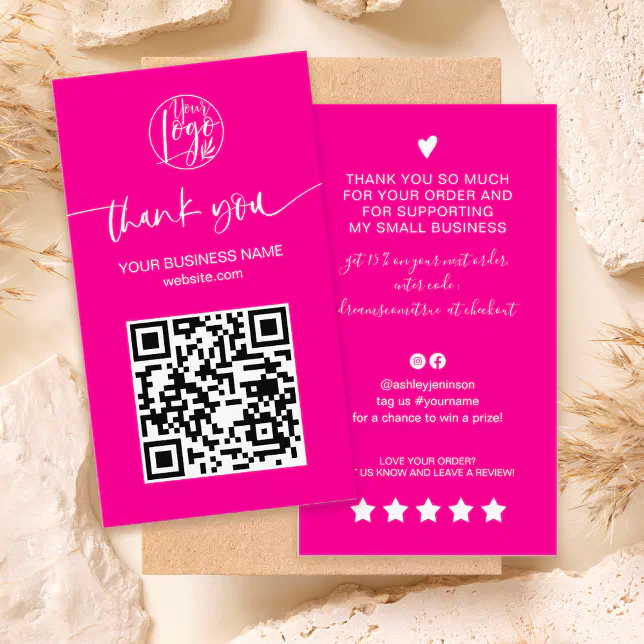 Modern script QR code hot pink order thank you Business Card | Zazzle