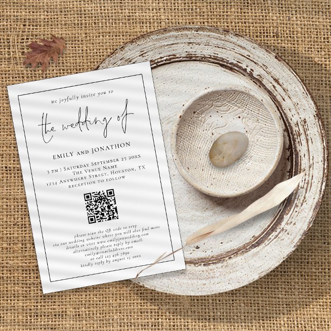 Modern Script QR Code Line Border Wedding Invitation (Creator Uploaded)