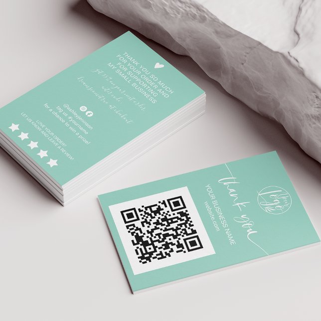 Modern script QR code mint green order thank you Business Card (Creator Uploaded)