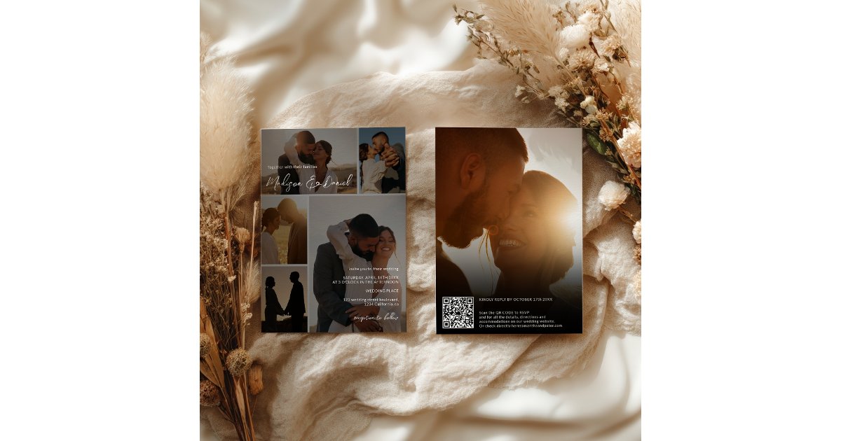 Grid Invitation Modern Script Qr code Names 6-Photo Grid Wedding Invitation | Zazzle