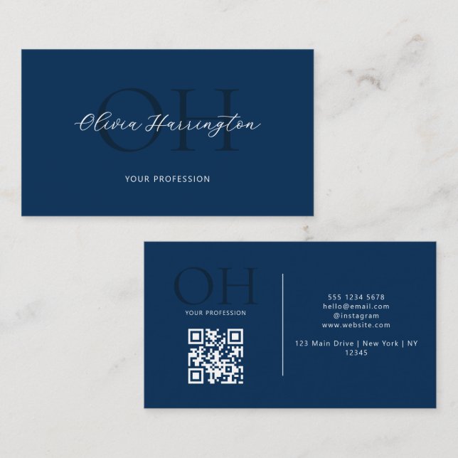 Modern Script QR Code Navy Blue Monogram Business Card (Front/Back)