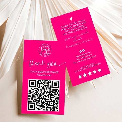 Modern script QR code neon pink order thank you Business Card