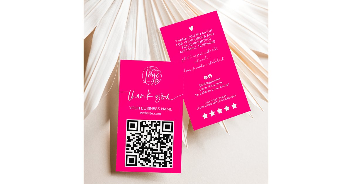 Modern script QR code neon pink order thank you Business Card | Zazzle