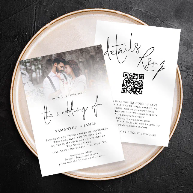 Modern Script QR Code Photo All in One Wedding Invitation | Zazzle