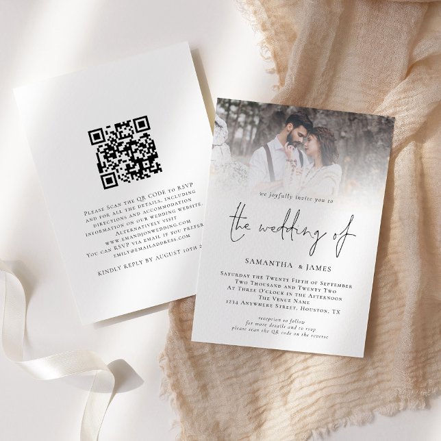 Modern Script QR Code Photo Wedding Invitation (Front and back view. Available digital and printed)