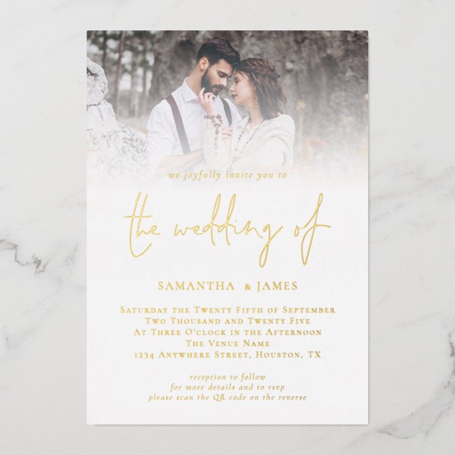Modern Script QR Code Photo Wedding Luxury Gold  Foil Invitation (Front)