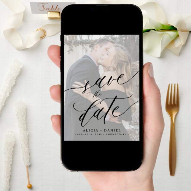 Modern script qr code photo wedding save the date (Front Digital)