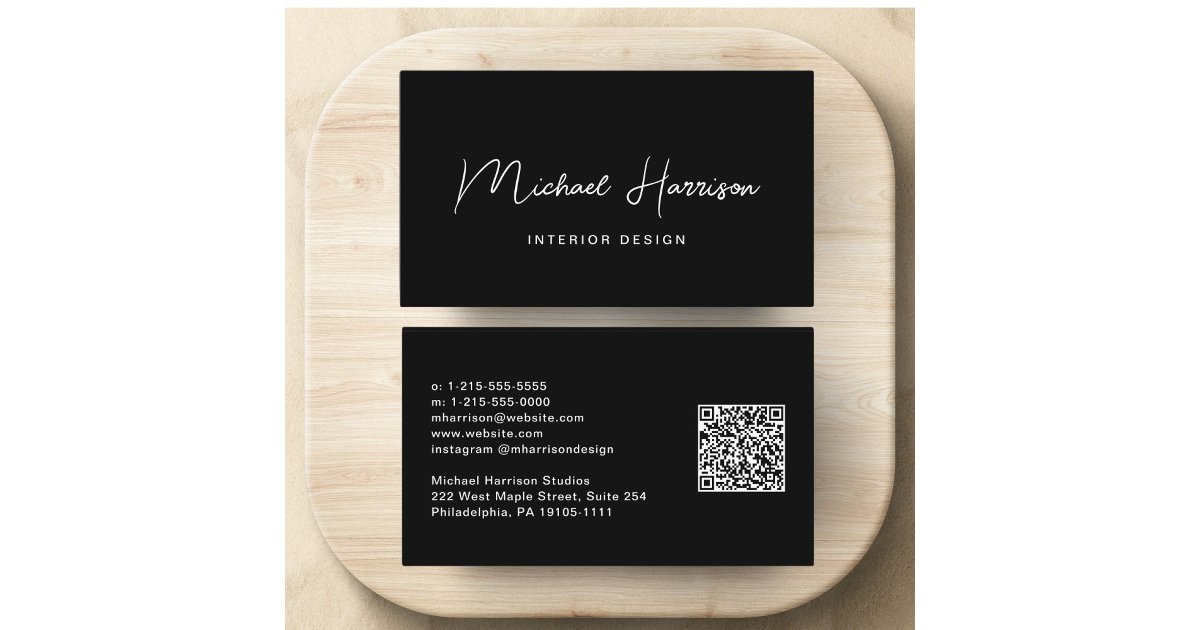 Modern Script QR Code Professional Black Business Card | Zazzle