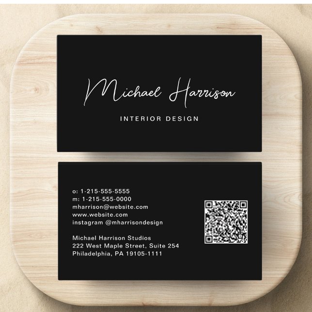 Modern Script QR Code Professional Black Business Card (Showcase your name in our signature script to be your logo and brand identity)