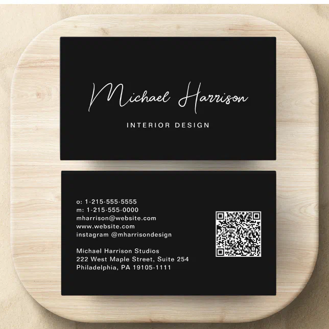 Modern Script QR Code Professional Black Business Card | Zazzle