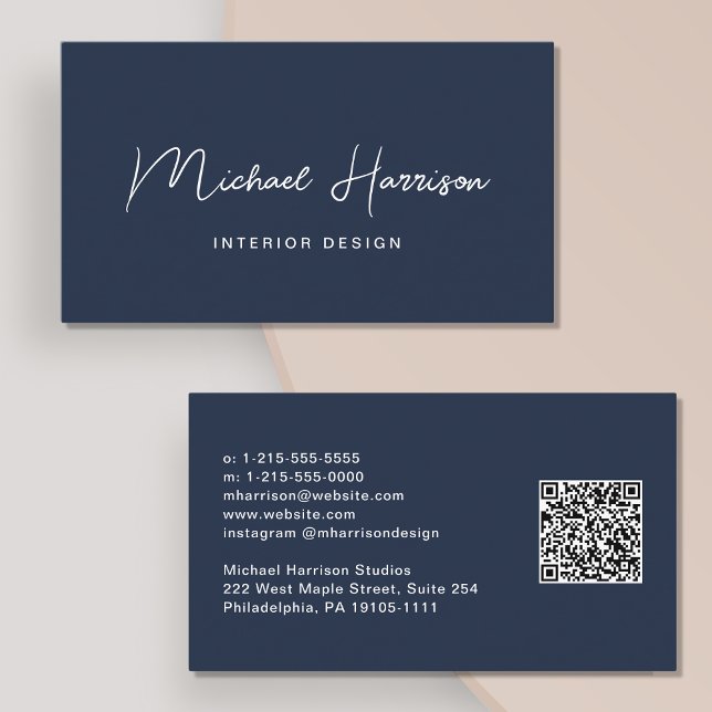 Modern Script QR Code Professional Blue Business Card (Capture attention and make connections with our modern signature script QR code blue business card)