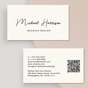 Modern Script QR Code Professional Cream Business Card