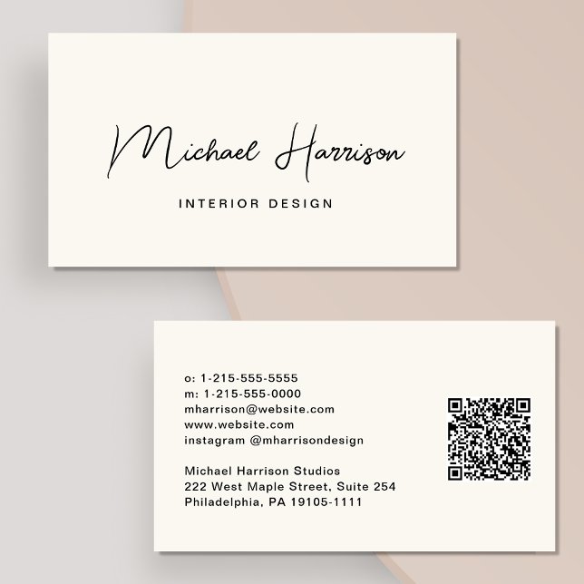 Modern Script QR Code Professional Cream Business Card (Creator Uploaded)