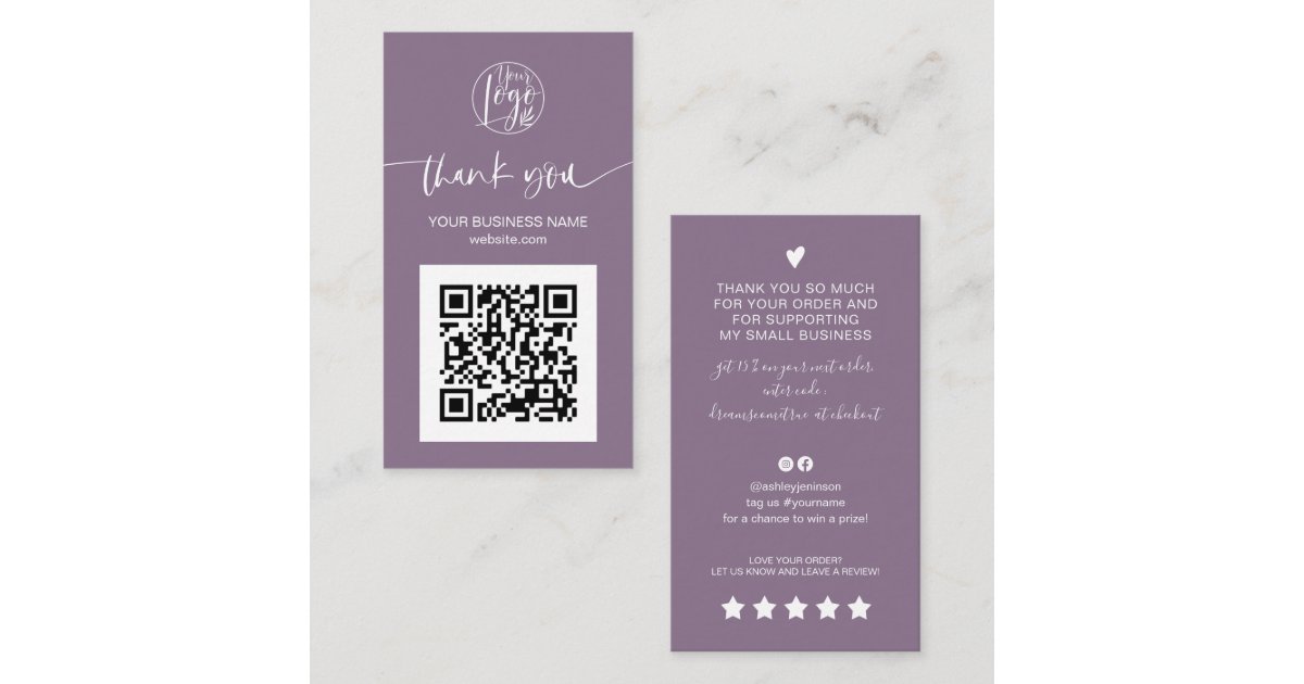 Modern script QR code purple order thank you Business Card | Zazzle