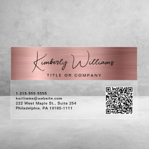 Modern Script QR Code Rose Gold Professional Clear Business Cards