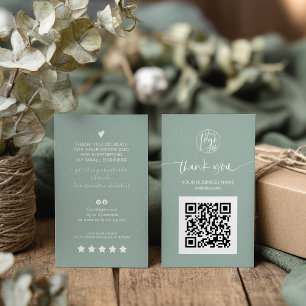 Modern script QR code sage green order thank you Business Card
