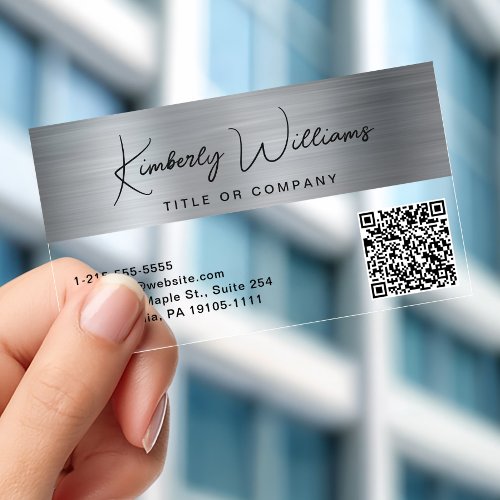 Modern Script QR Code Silver Professional Clear Business Cards