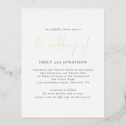 Modern Script QR Code Wedding Real Foil Invitation Postcard
