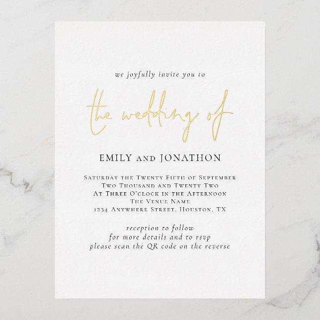 Modern Script QR Code Wedding Real Foil Invitation Postcard (Front)