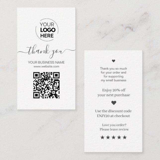 Modern Script QR Code White Order Thank You Business Card (Front/Back)