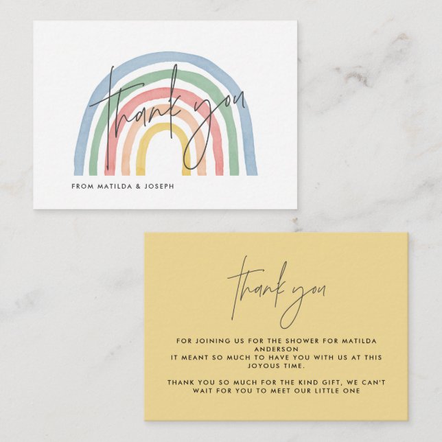 modern script rainbow baby shower thank you note card (Front/Back)