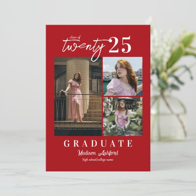 Modern Script Red 3 Photo Collage Graduation Announcement (Standing Front)