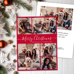 Modern Script Red 5 Photo Collage Christmas Holiday Card