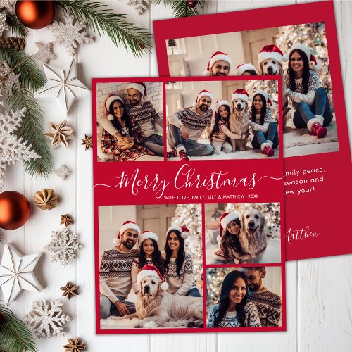 Modern Script Red 5 Photo Collage Christmas  Holiday Card