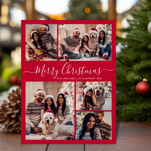 Modern Script Red 5 photo Collage Christmas  Postcard