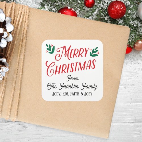 Modern Script Red and Green Merry Christmas Custom Square Sticker