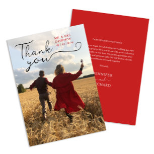 Modern Script Red Budget Wedding Name And Photo Thank You Card