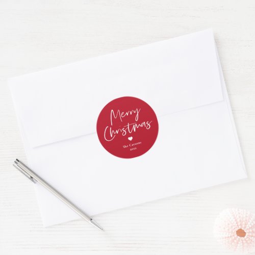 Modern Script Red Christmas Card Envelope Classic Round Sticker
