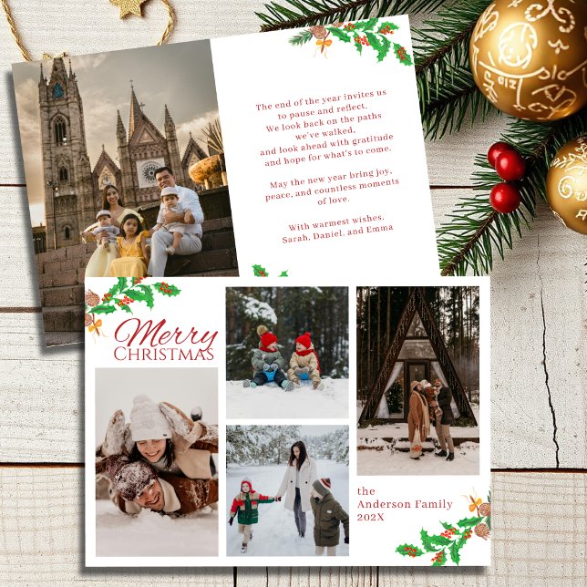 Modern Script Red Five Photo Collage Christmas Holiday Card (Creator Uploaded)