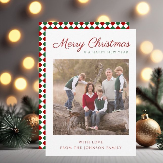 Modern Script Red Green Checks Christmas Photo Holiday Card (Modern Script Red Green Checks Christmas Photo Holiday Card)
