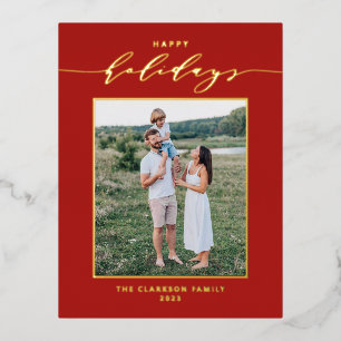 Modern Script Red Happy Holidays Photo Foil Holiday Postcard