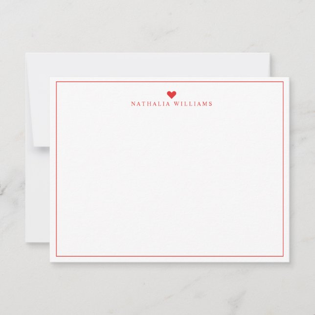 Modern Script Red Heart Border Monogram Note Card (Front)