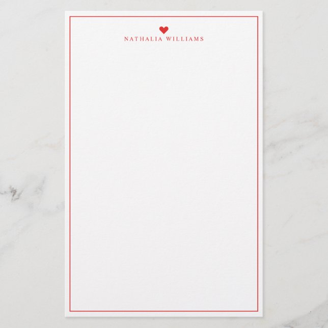 Modern Script Red Heart Border Monogram Stationery (Front)