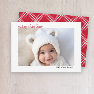 Modern Script Red Merry Christmas Horizontal Photo Holiday Card